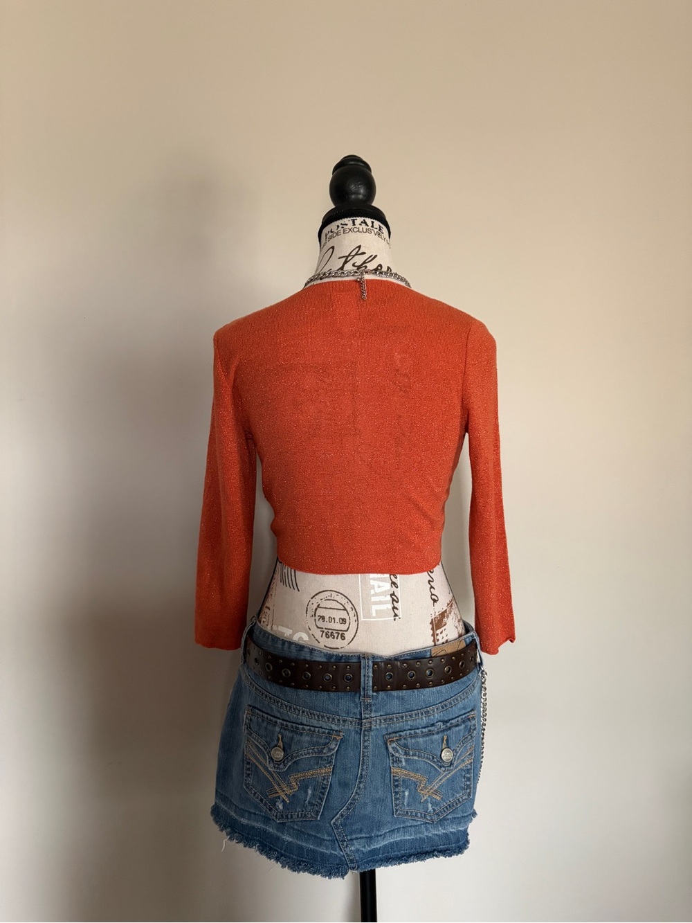 Y2K Burnt Orange Sparkly Cropped Bolero Shrug Long Sleeve Front Tie | Boho Fairy - Picture 3 of 10